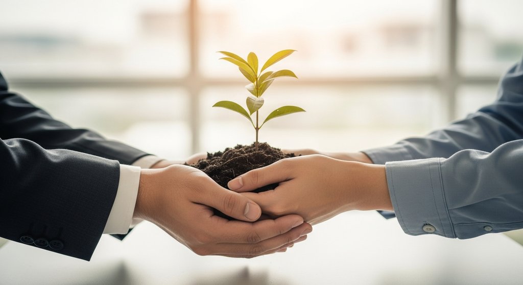 Zwei Hände pflanzen gemeinsam einen jungen Baum als Symbol für Wachstum im Key Account Management.