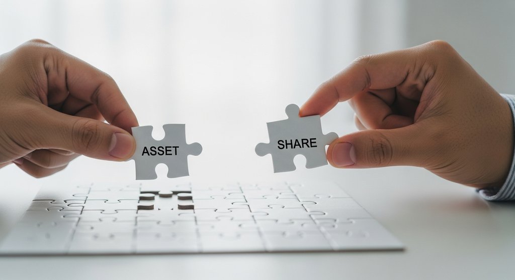 Zwei Hände vergleichen ein einzelnes Puzzleteil (Asset Deal) mit einem kompletten Puzzle (Share Deal).