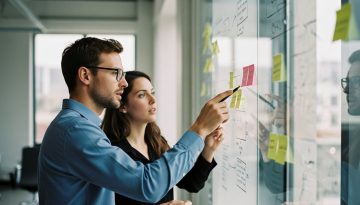Zwei Key Account Manager bei der strategischen Planung an einem Whiteboard.