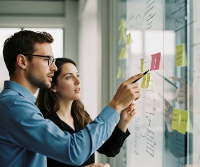 Zwei Key Account Manager bei der strategischen Planung an einem Whiteboard.