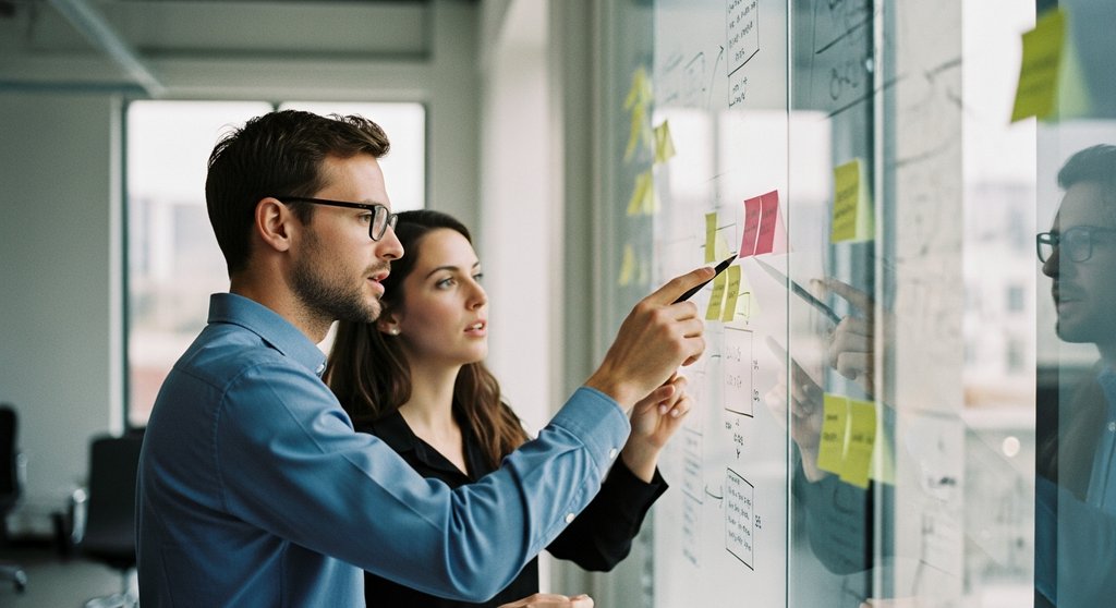 Zwei Key Account Manager bei der strategischen Planung an einem Whiteboard.