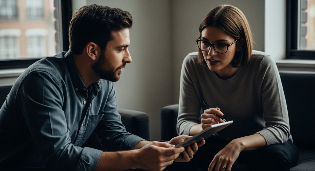 Zwei professionelle Freelancer diskutieren in einem Coworking Space. Candid Shot im Editorial Style von zwei Personen, die in einer stilvollen Lounge-Ecke eines Coworking Space sitzen und über ein Tablet gebeugt diskutieren. Natürliches Fensterlicht, weiche Schatten. Die Atmosphäre ist konzentriert, aber entspannt. Muted Tones, Shot on analog film, Kodak Portra 400 style, sichtbare Hauttextur, leichter Filmkorn. Der Fokus liegt auf der Interaktion, der Hintergrund ist dezent unscharf (Bokeh).