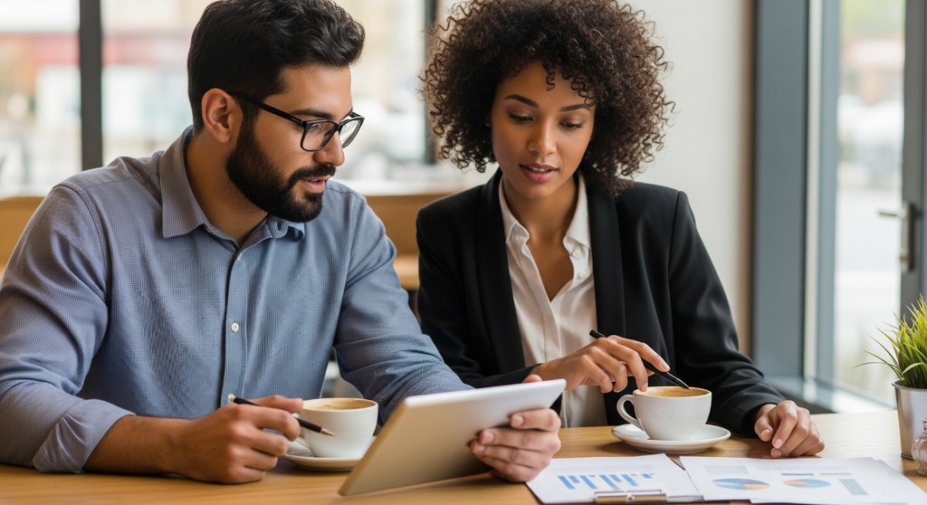 Zwei Selbstständige diskutieren über ihre Finanzen und die Altersvorsorge.
