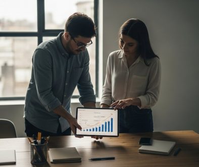 Zwei Unternehmer analysieren die Vorteile eines Joint Ventures auf einem Tablet.