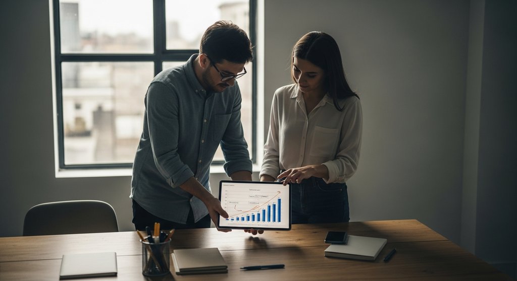 Zwei Unternehmer analysieren die Vorteile eines Joint Ventures auf einem Tablet.