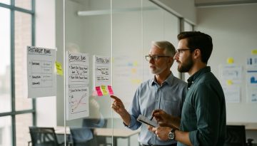 Zwei Unternehmer bei der strategischen Planung der Unternehmensnachfolge in einem modernen Büro.