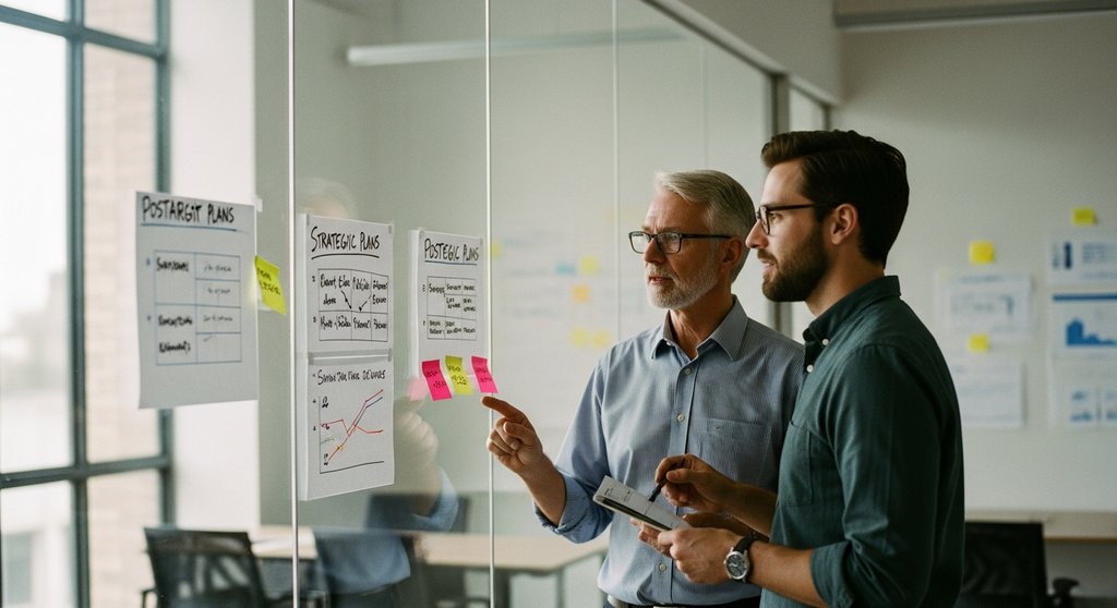 Zwei Unternehmer bei der strategischen Planung der Unternehmensnachfolge in einem modernen Büro.