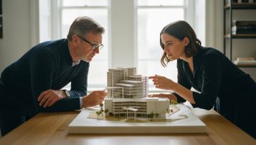Zwei Unternehmer betrachten ein Architekturmodell als Symbol für die Bewertung einer Agentur.