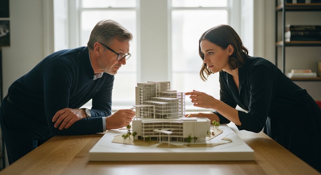 Zwei Unternehmer betrachten ein Architekturmodell als Symbol für die Bewertung einer Agentur.