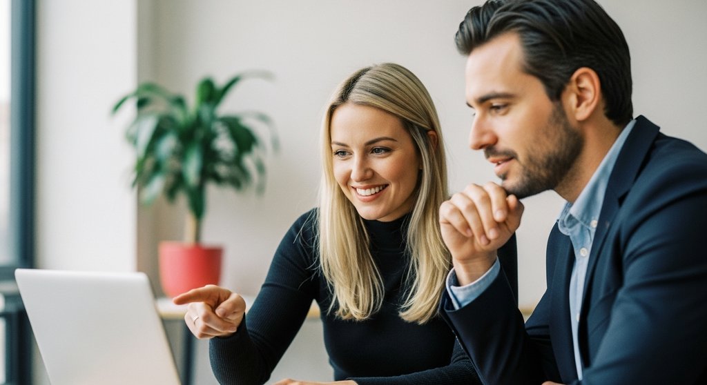Zwei zufriedene Geschäftspartner besprechen erfolgreiche Cross-Selling-Strategien.
