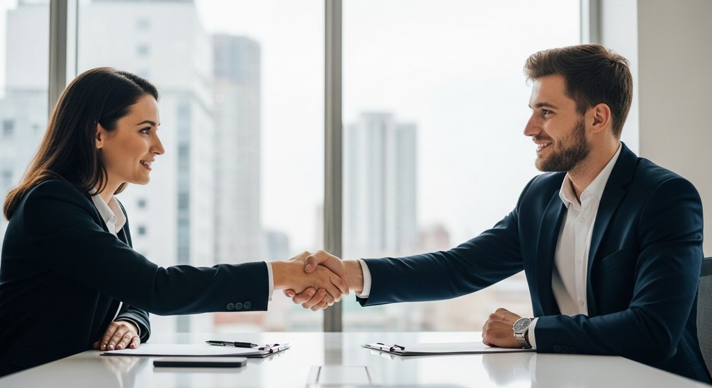 Agentur-Gründer besiegelt einen Vertrag mit einem Kunden, was das hohe Ansehen einer GmbH symbolisiert.