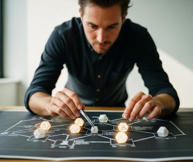 Agentur-Inhaber analysiert die Kundenprofitabilität auf einem strategischen Blueprint.