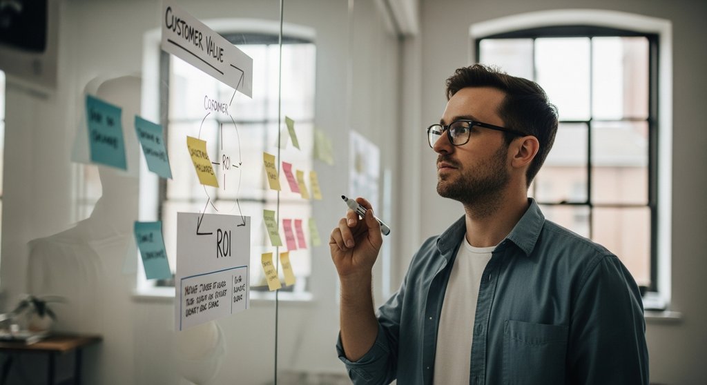 Agentur-Inhaber plant strategisch die wertbasierte Preisgestaltung an einer Ideenwand.