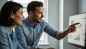 Agentur-Inhaber und Kundin besprechen erfolgreich eine Strategie am Bildschirm in einem modernen Büro.