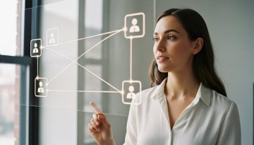 Agentur-Inhaberin analysiert den Customer Lifetime Value ihrer Kunden auf einem Glas-Board.