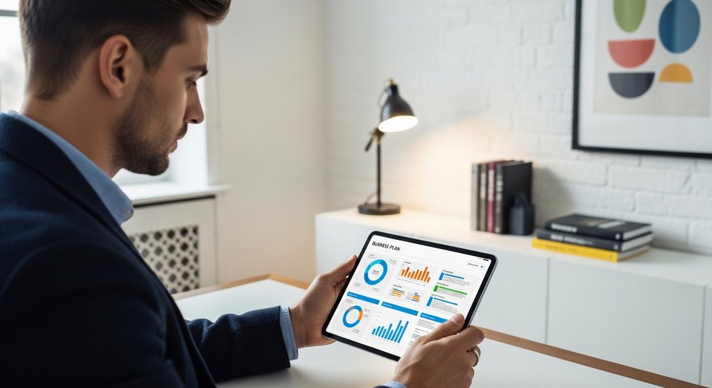 Agenturgründer prüft den Businessplan für seine neue Agentur auf einem Tablet.