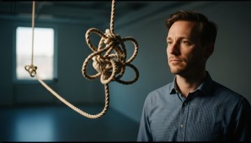 Agenturinhaber betrachtet ein Seilknäuel, das chaotisches Wachstum symbolisiert, und sucht nach einer klaren Strategie.