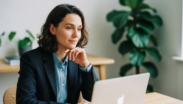 Agenturinhaber fasst ein Angebot nach und blickt zuversichtlich auf seinen Laptop.