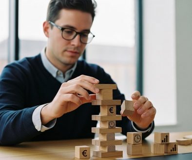 Agenturinhaber kalkuliert seinen Stundensatz durch das Stapeln von Symbolblöcken für Kosten und Gewinn.