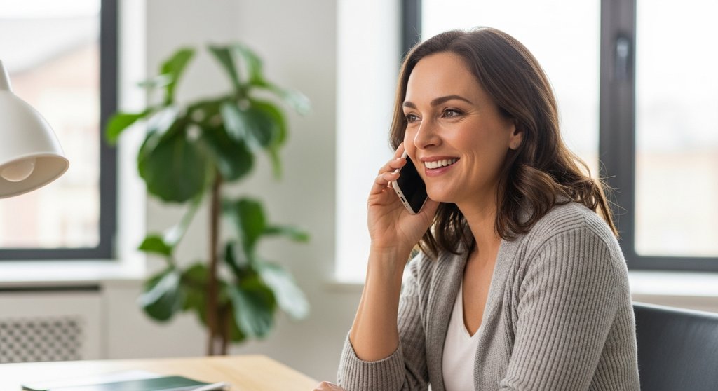 Agenturmitarbeiterin führt ein positives und persönliches Nachfass-Telefonat mit einem Kunden.