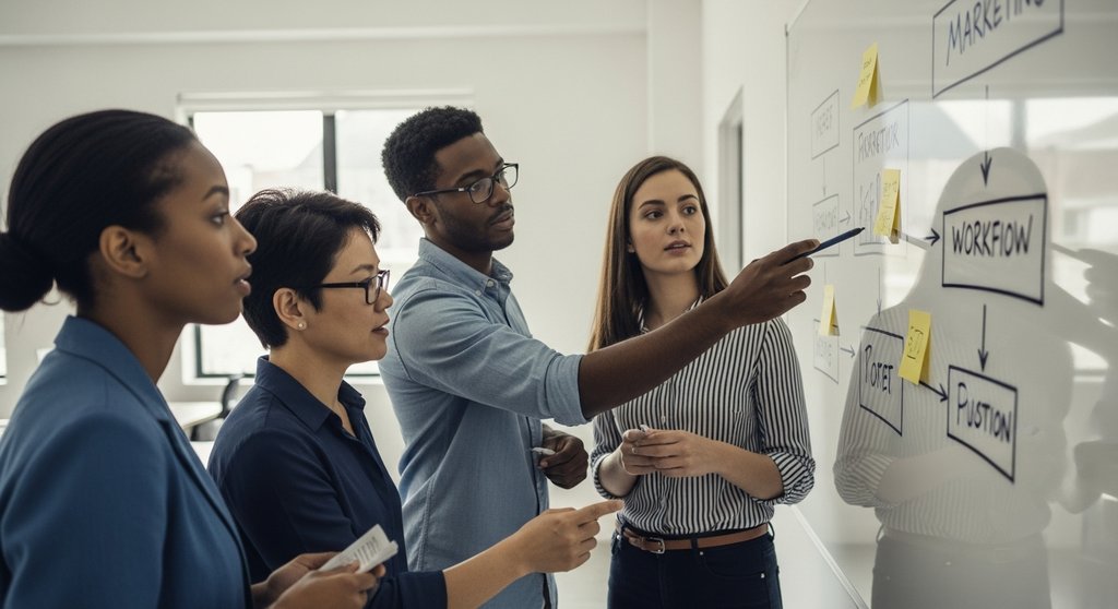Agenturteam arbeitet kollaborativ an der Verbesserung von internen Prozessen an einem Whiteboard.