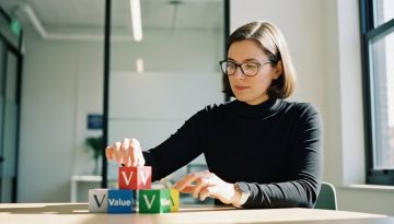 Alt-Text: Eine Agenturleiterin positioniert selbstbewusst Blöcke mit Wert-Symbolen neu, was die strategische Preiskommunikation darstellt. Environmental Portrait in einem modernen, minimalistischen Büro mit viel Tageslicht. Die Frau ist fokussiert, aber zuversichtlich. Geringe Schärfentiefe, die den Hintergrund unscharf macht. Der Look ist professionell und authentisch. True-to-life colors mit leichten, warmen Tönen. Shot on DSLR, 50mm lens, slight film grain, Kodak Portra 400 style. →