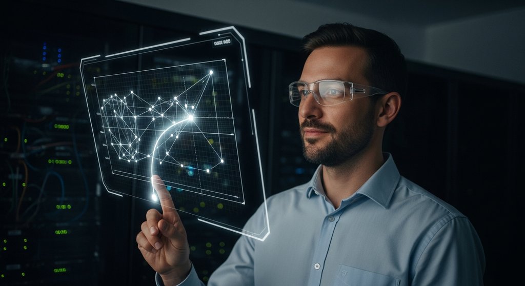 Analyst betrachtet eine komplexe Datenvisualisierung, die zu einer klaren Lösung führt.