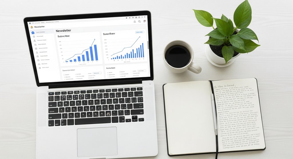 Arbeitsplatz mit Laptop, der das Dashboard eines bezahlten Newsletters als passive Einnahmequelle zeigt.