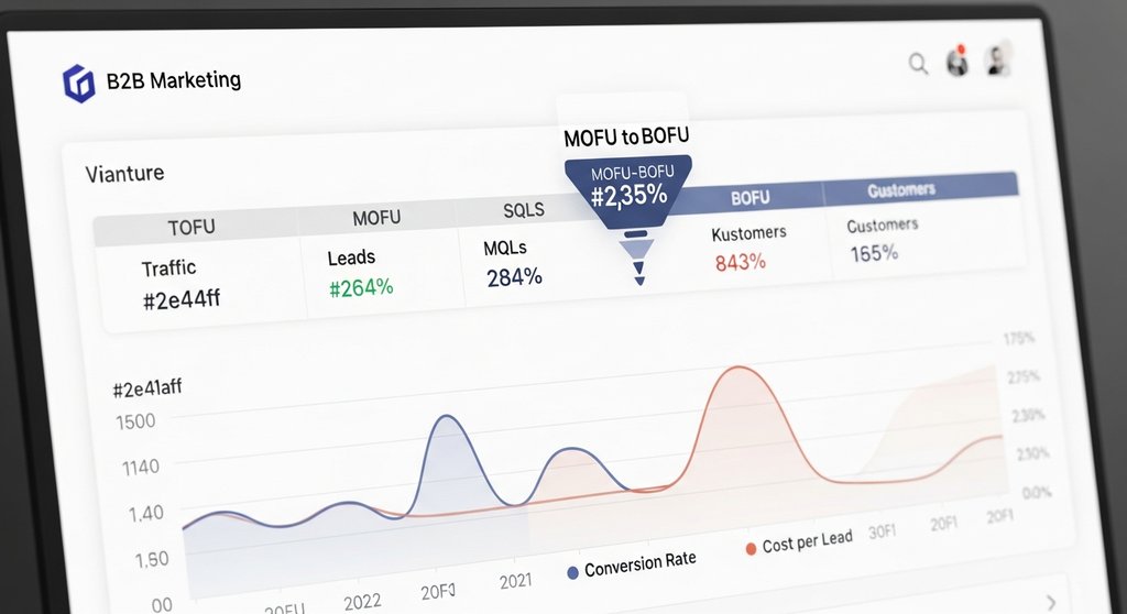 Dashboard zur Analyse eines B2B Marketing Funnels mit Kennzahlen wie Conversion Rate.