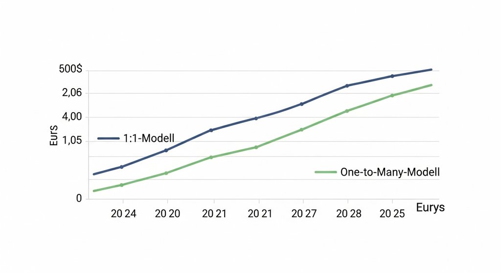 Diagramm, das das begrenzte Umsatzwachstum des 1:1-Modells dem exponentiellen Potenzial des One-to-Many-Modells gegenüberstellt.