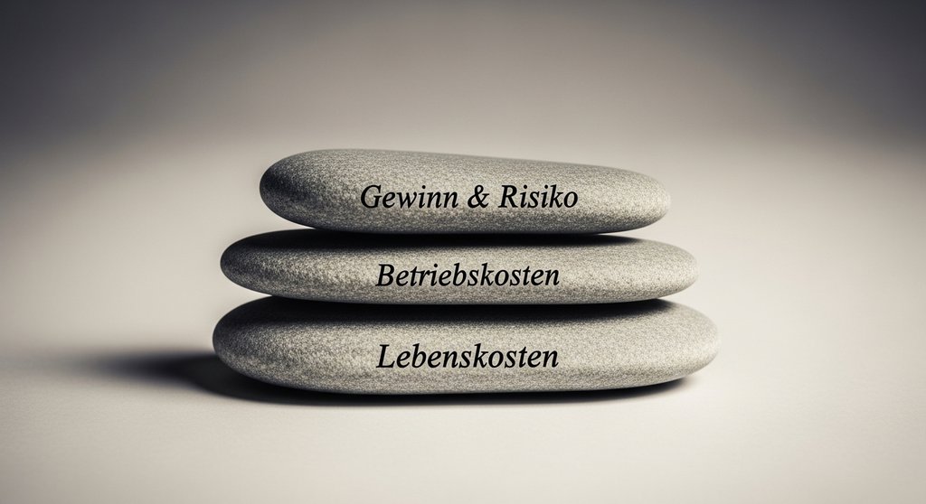 Drei aufeinandergestapelte Steine symbolisieren die drei Säulen der Stundensatzkalkulation: Lebenskosten, Betriebskosten, Gewinn.