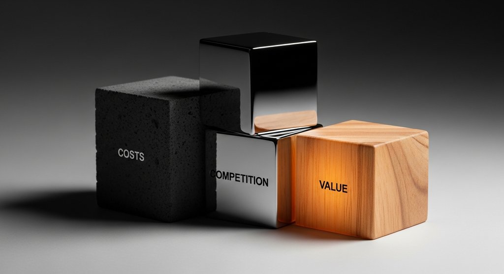 Drei Blöcke symbolisieren die Säulen der Preisgestaltung für Dienstleistungen: Kosten, Wettbewerb und Wert.