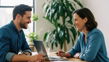 Ein Agentur-Inhaber und eine Kundin besprechen erfolgreiche Kundenbindungs-Strategien am Laptop.