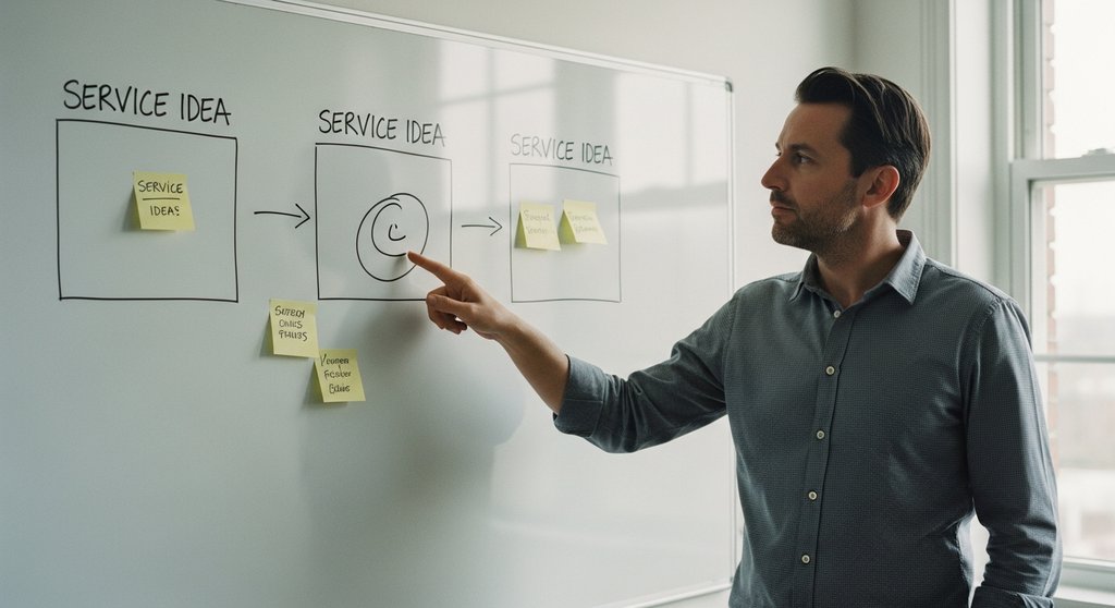 Ein Agentur-Inhaber wählt an einem Whiteboard die passende Dienstleistung für einen Productized Service aus.