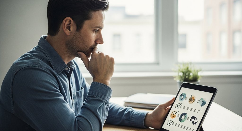 Ein Agentur-Mitarbeiter prüft konzentriert eine Checkliste auf einem Tablet.
