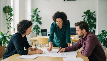 Ein Agentur-Team arbeitet konzentriert an einer Strategie, um die Agentur zu skalieren.