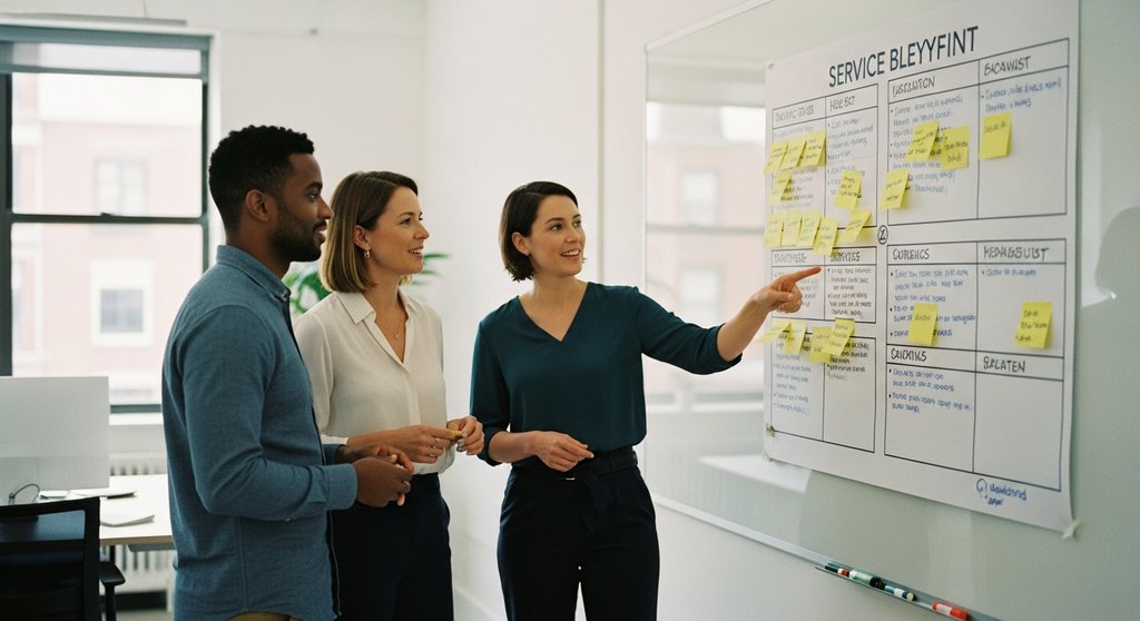 Ein Agentur-Team diskutiert vor einem Whiteboard mit einem Service Blueprint, um die Kundenerfahrung zu verbessern.