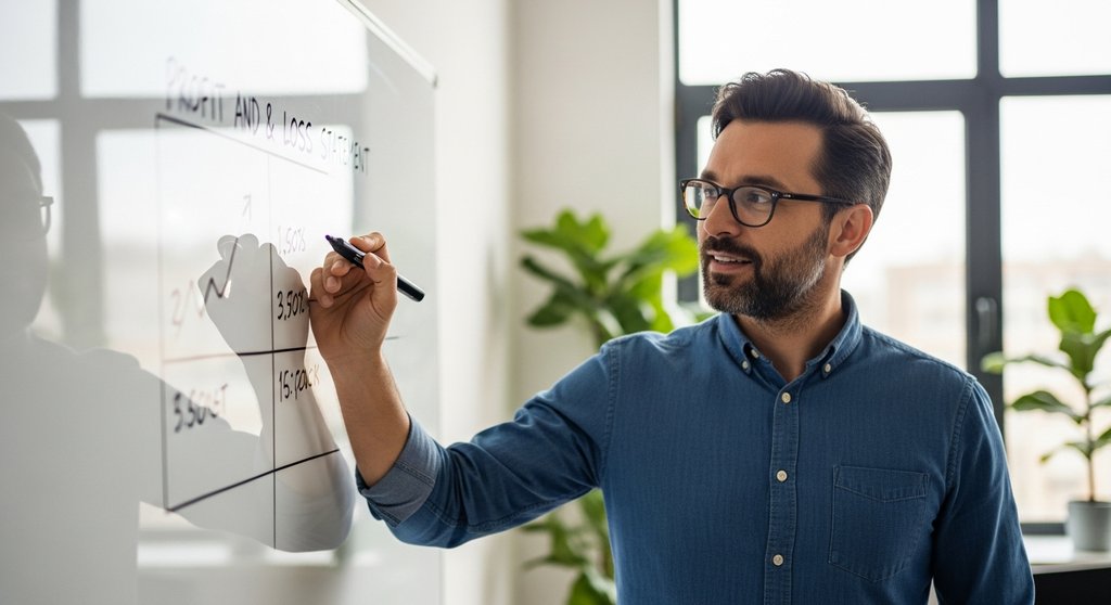 Ein Agenturinhaber analysiert eine vereinfachte Gewinn- und Verlustrechnung (GuV) an einem Whiteboard.