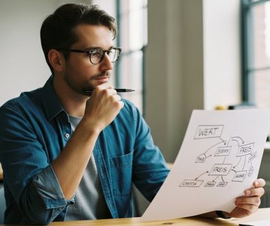 Ein Agenturinhaber plant eine Preiserhöhung mit einer strategischen Mindmap am Schreibtisch.