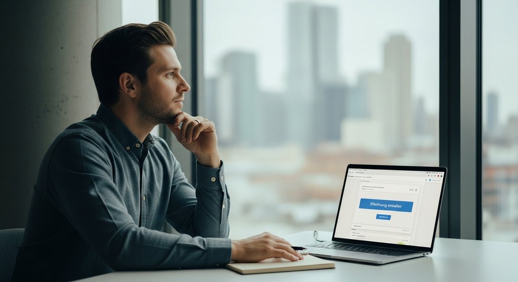 Ein Agenturinhaber sitzt am Schreibtisch und plant mit einer Buchhaltungssoftware die Umstellung auf die E-Rechnung.