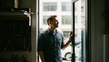 Ein Dienstleister blickt aus seiner Werkstatt zuversichtlich auf eine belebte Straße, Symbol für SEO-Erfolg und neue Kunden.