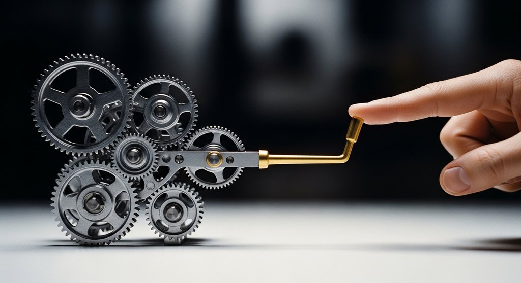 Ein einfacher Hebel steuert ein komplexes Getriebe, als Metapher für die Automatisierung von Agentur-Workflows.