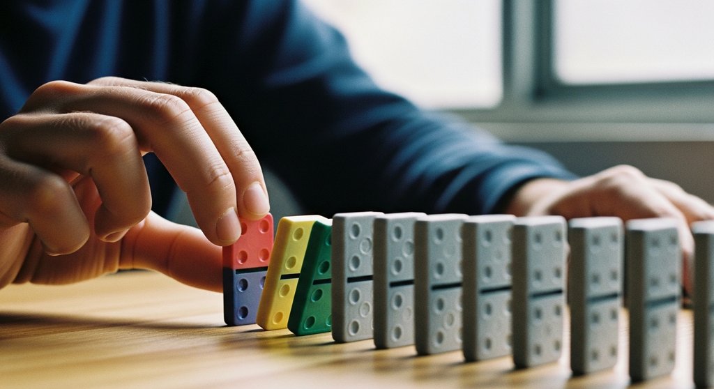 Ein einzigartiger Dominostein, der eine Kettenreaktion auslöst, als Metapher für die Wirkung eines starken USP.