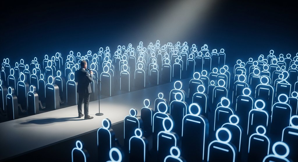 Ein Experte spricht auf einer Bühne zu einem symbolischen digitalen Publikum, was die Skalierbarkeit digitaler Produkte darstellt.