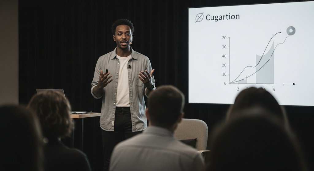 Ein Experte teilt sein Wissen bei einem Vortrag und baut so seine Personal Brand auf.