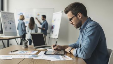 Ein Freelancer plant am Schreibtisch den strategischen Schritt vom Einzelkämpfer zur eigenen Agentur.