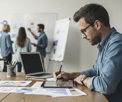 Ein Freelancer plant am Schreibtisch den strategischen Schritt vom Einzelkämpfer zur eigenen Agentur.