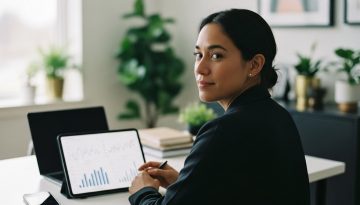 Ein Freelancer sitzt entspannt an seinem Schreibtisch und demonstriert finanzielle Kontrolle und Erfolg.