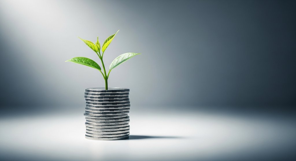 Ein kleiner Setzling wächst aus einem Münzstapel, als Symbol für unternehmerischen Gewinn und Wachstum.