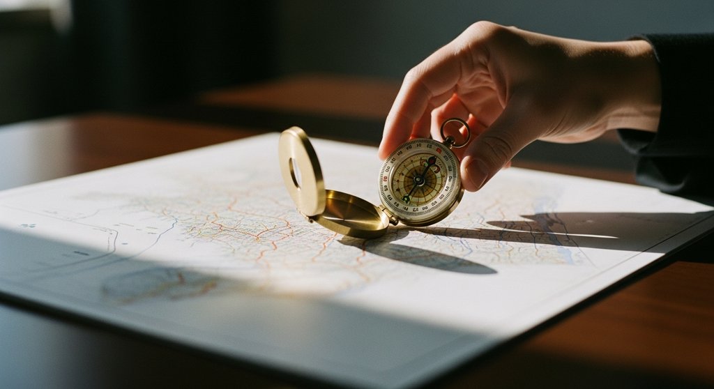 Ein Kompass auf einer Landkarte symbolisiert die Markenwerte als strategische Orientierung.
